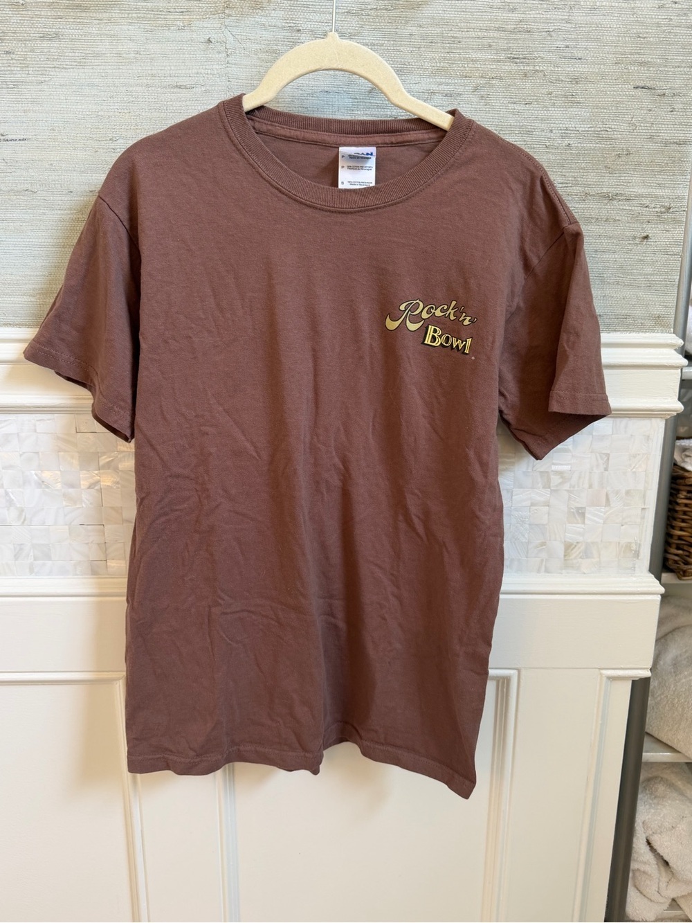 Small rock n bowl New Orleans tee shirt brown bowling 100% cotton